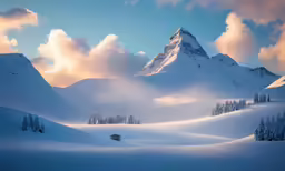 a mountain range covered in snow next to pine trees