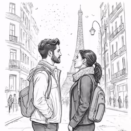 a couple walking down the street while looking at the eiffel tower