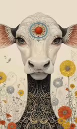 an artistic painting shows a cow with a flower motif in the head