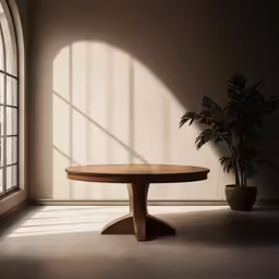 a table sitting in front of a window with plants