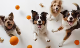 three small dogs in a group are all looking at the camera
