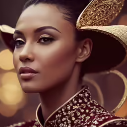woman wearing traditional costume in focus at golden sparkles