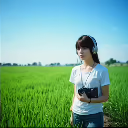 a woman is standing in the middle of a field with headphones on her ears