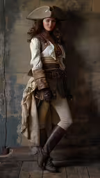 a woman in a pirate costume poses in the photo,a woman in pirate outfit is posing for the camera