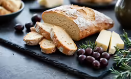 this is a loaf of bread and a sliced of cheese and grapes