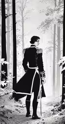 a woman in a dark coat is standing outside,a person with an umbrella is standing in a forest