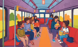 people sitting in a subway car with a bright wall,people sit and wait on the bus in bright colors