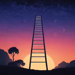 ladder overlooking sunset on starry night above trees,the sun is rising in the background and a tower with ladder to it