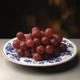 a white and blue plate with grapes on it
