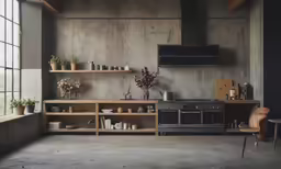 a kitchen with a stove, cabinets and a dining table in it