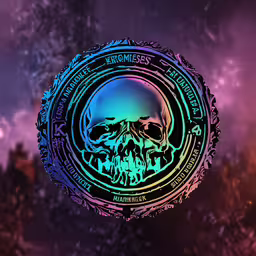 a logo with a glow on the back of it,a psychedelic background featuring a colorful circle with an illustration of the human skull
