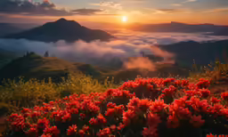 the sun setting behind a mountain with a lot of clouds