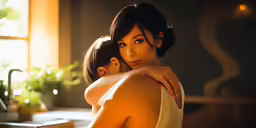 a woman hugging a man with a pot in the background