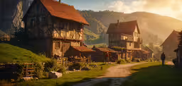 an old village with a mountain behind it,an image of a village in the sun set