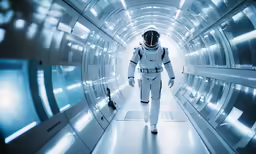 an astronaut in a futuristic space suit walking down a hallway