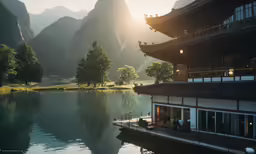 an oriental house sits on a lake near a mountain