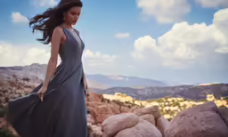 a woman walking by rocks on a mountaintop in the sun