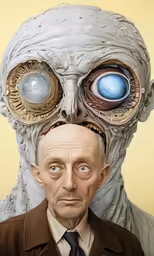 a painting of a man in suit and tie with an eyeballed creature