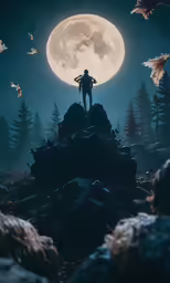 man standing on top of a mountain while the moon is visible