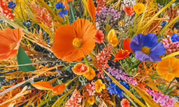 several different colorful flowers and one has very long thin leaves