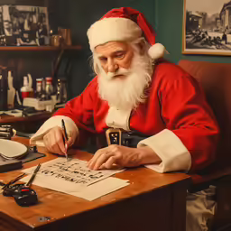 santa clause writes a christmas letter at the desk