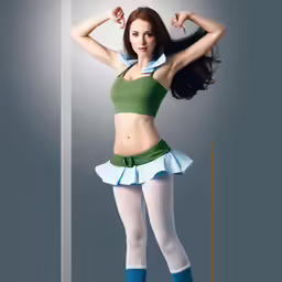 a woman in a green top and white skirt posing for a picture