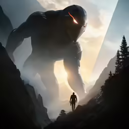 the character in the movie iron man standing in front of a giant creature