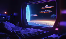 the sky is reflecting off the window while clouds glow in the night
