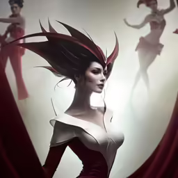 a woman wearing a red dress is photographed with wings surrounding her