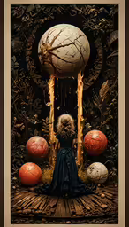 a painting of a little girl in a dress surrounded by balls and trees