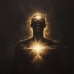 the glowing man is in the dark with light coming from his eyes