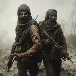 two men walking through the smoke carrying guns