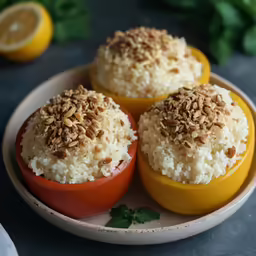 three stuffed tomatoes topped with rice and chopped nuts
