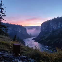 a fog filled valley near the forest and mountains