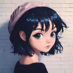 a doll in black is wearing a pink hat