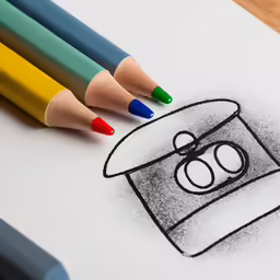 three colored pencils with a cartoon drawing in the center