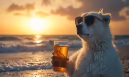 a polar bear in sunglasses holding a beer glass on the beach