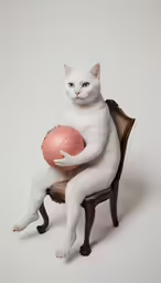 a white cat sitting on top of a chair holding a pink ball
