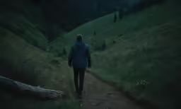 a man walking down a path into a green hillside