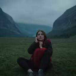 a young woman sitting on grass on a cell phone