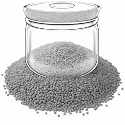 a can of liquid and pebbles on a white background