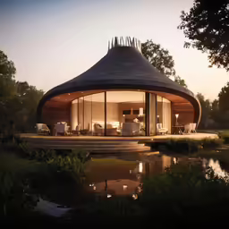 the exterior of a home with round structure by a lake