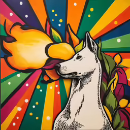 a painting of a dog with a flower on its head