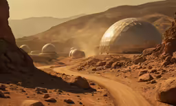 several large spheres sitting on top of a desert near rocks