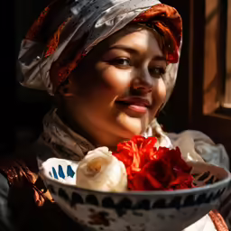 a beautiful young woman holding a bowl of flowers