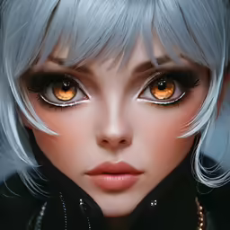 a girl with grey hair and a yellow eye