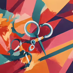 scissors are next to some colorful shapes,an orange, red, and blue abstract painting