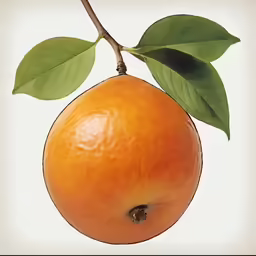 an orange hanging from a branch with leaves
