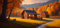 a couple of houses sit on grass and surrounded by trees,a painting of a cabin sitting in a field with mountains in the background