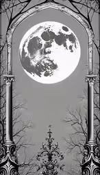 black and white photograph of a full moon,an old fashioned photo with the moon seen through the arch